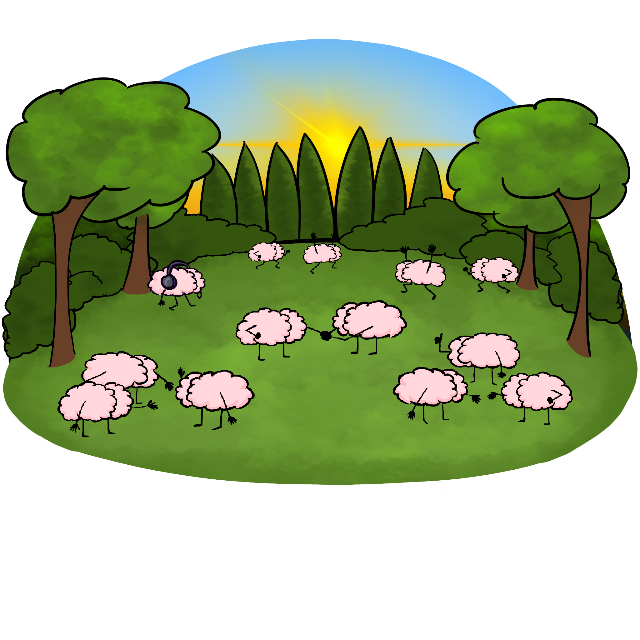 Brains thriving together in a meadow at sunrise